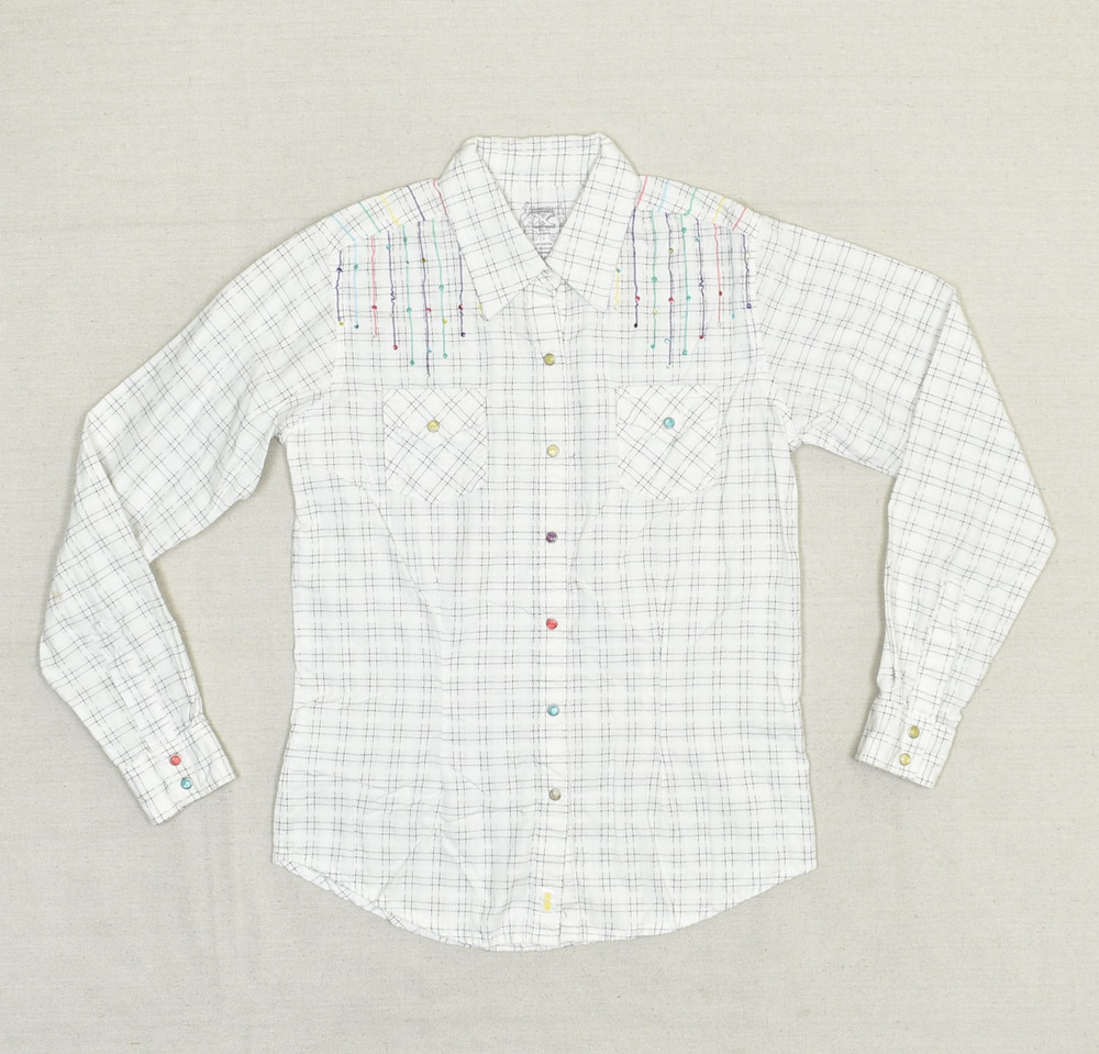 Twenty X Women Pearl Snap Button Top Size S Cotton White Plaid Long Sleeve